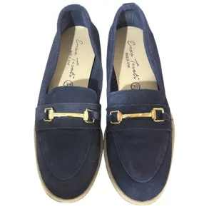 Enzo Tesoti Leather Suede Low Heel Loafer Sz 85 US (39 EU) Navy w/ Gold Accent