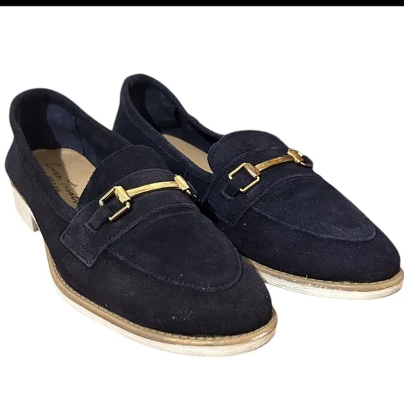 Enzo Tesoti Leather Suede Low Heel Loafer Sz 85 US (39 EU) Navy w/ Gold Accent