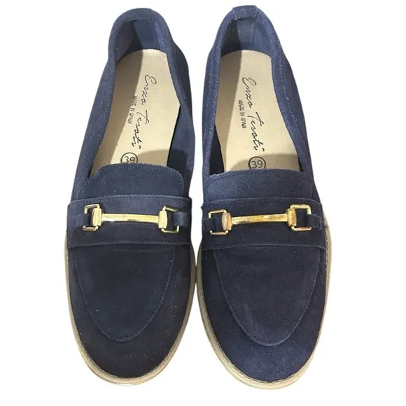 Enzo Tesoti Leather Suede Low Heel Loafer Sz 85 US (39 EU) Navy w/ Gold Accent