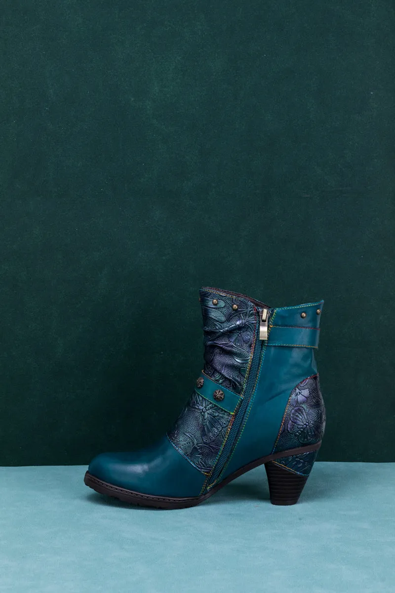 Floral Embossed Buckle Up Leather Bootie - Teal