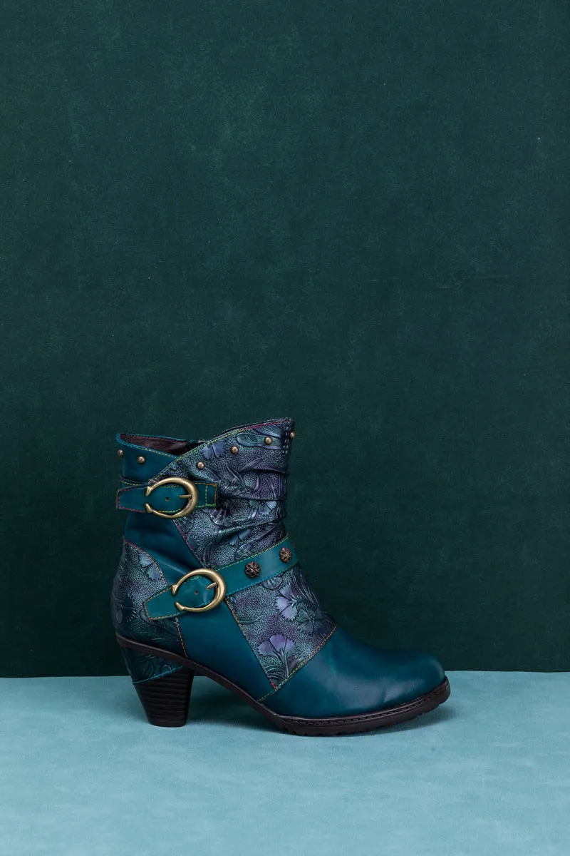 Floral Embossed Buckle Up Leather Bootie - Teal