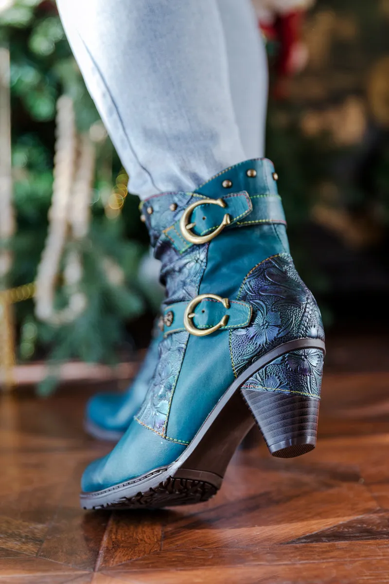 Floral Embossed Buckle Up Leather Bootie - Teal