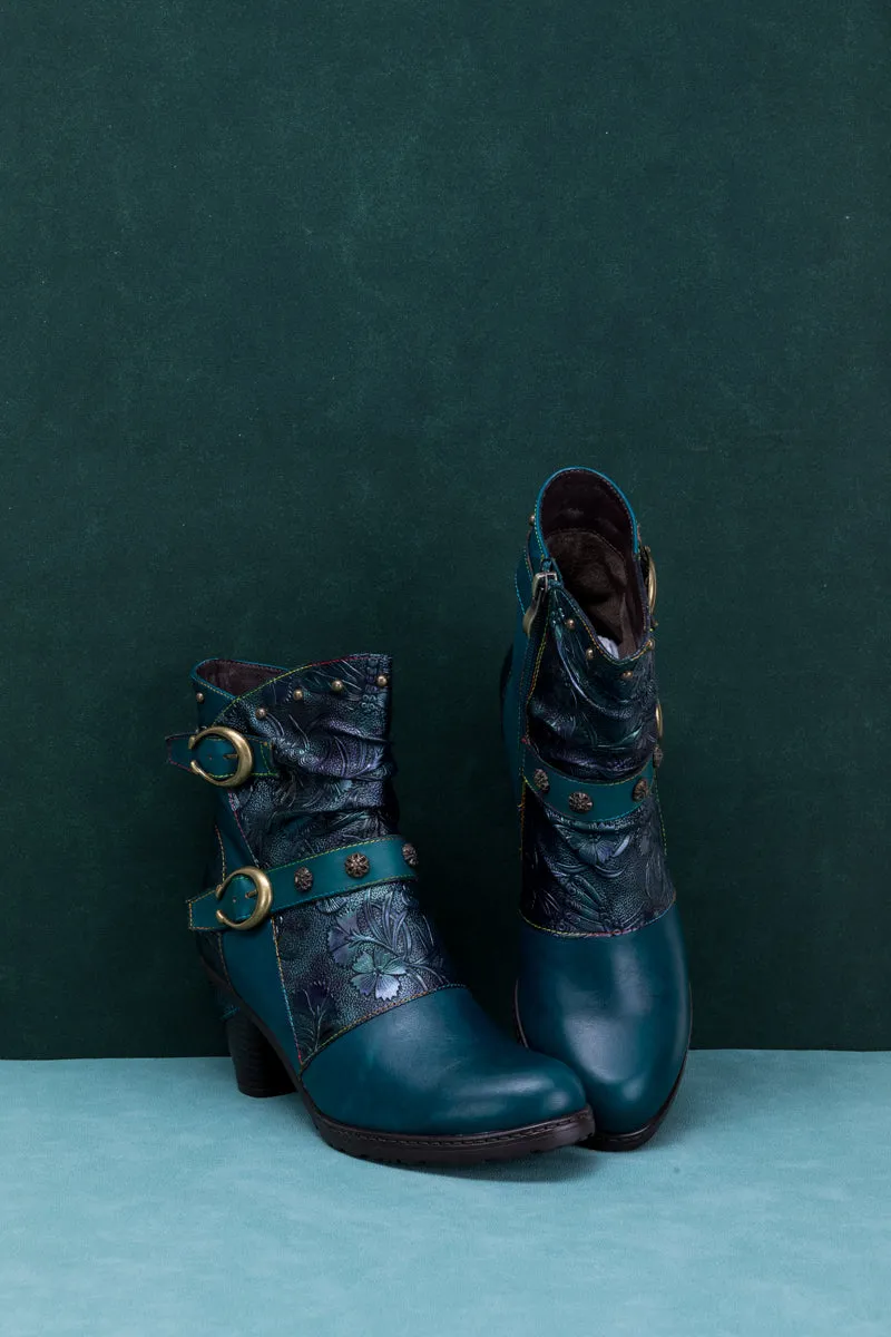 Floral Embossed Buckle Up Leather Bootie - Teal