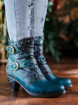 Floral Embossed Buckle Up Leather Bootie - Teal