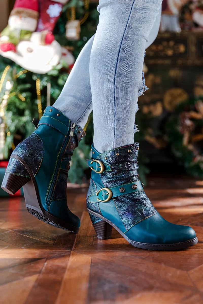 Floral Embossed Buckle Up Leather Bootie - Teal