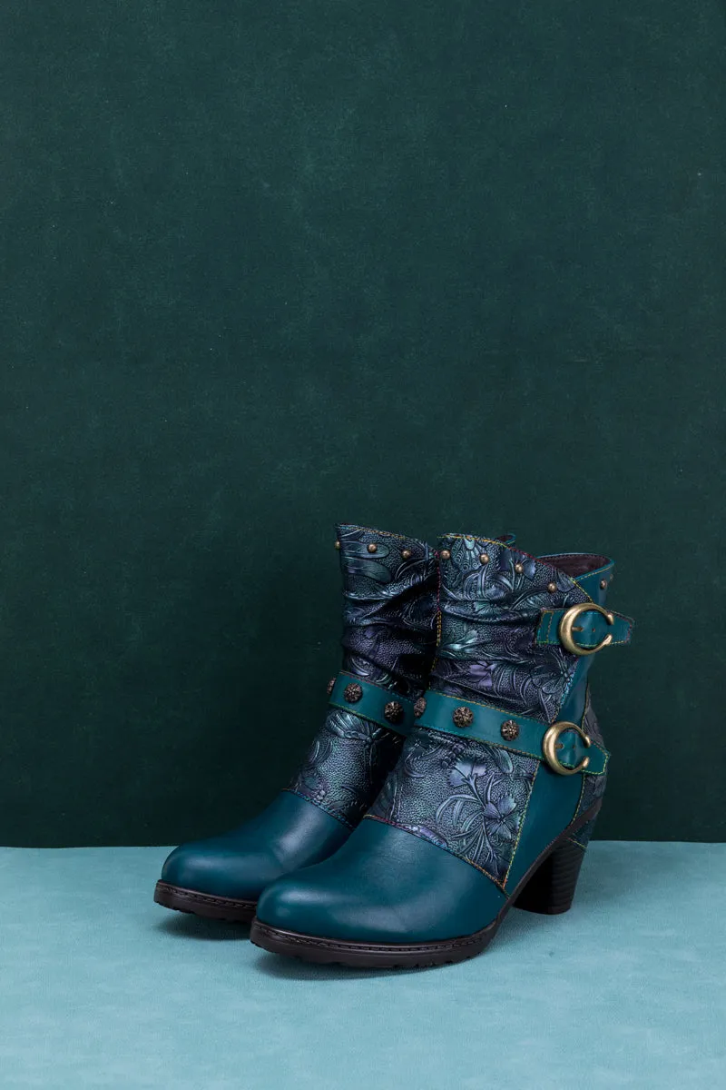 Floral Embossed Buckle Up Leather Bootie - Teal
