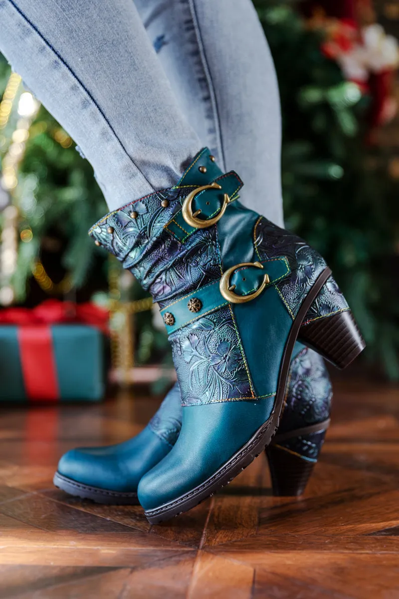 Floral Embossed Buckle Up Leather Bootie - Teal