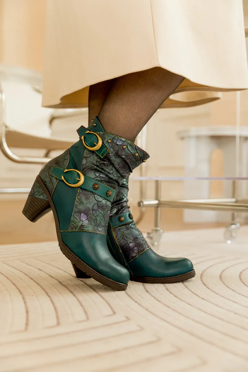 Floral Embossed Buckle Up Leather Bootie - Teal