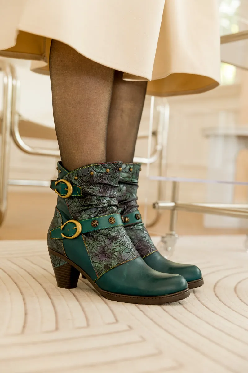 Floral Embossed Buckle Up Leather Bootie - Teal