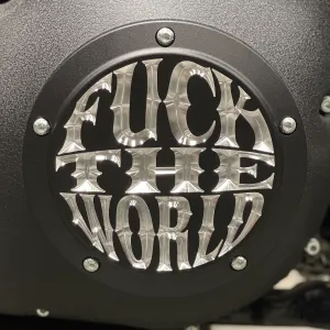 Fuck The World Twin Cam Derby Cover - Matte Black   Aluminum