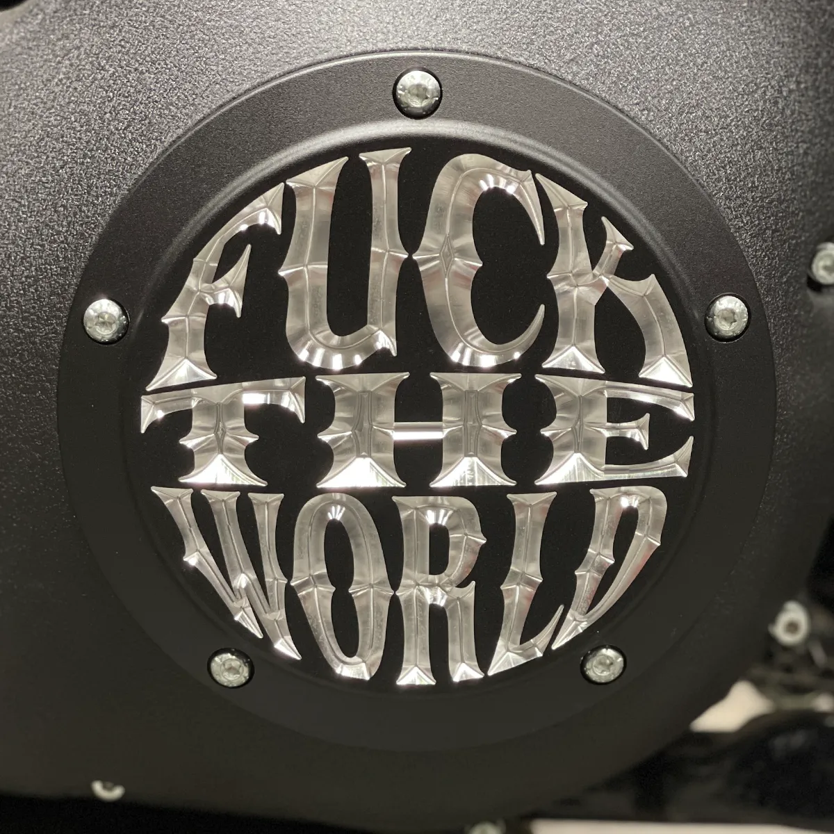 Fuck The World Twin Cam Derby Cover - Matte Black   Aluminum