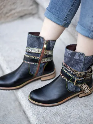 Genuine Leather Gold Floral Embossed Strap  Moto Boots