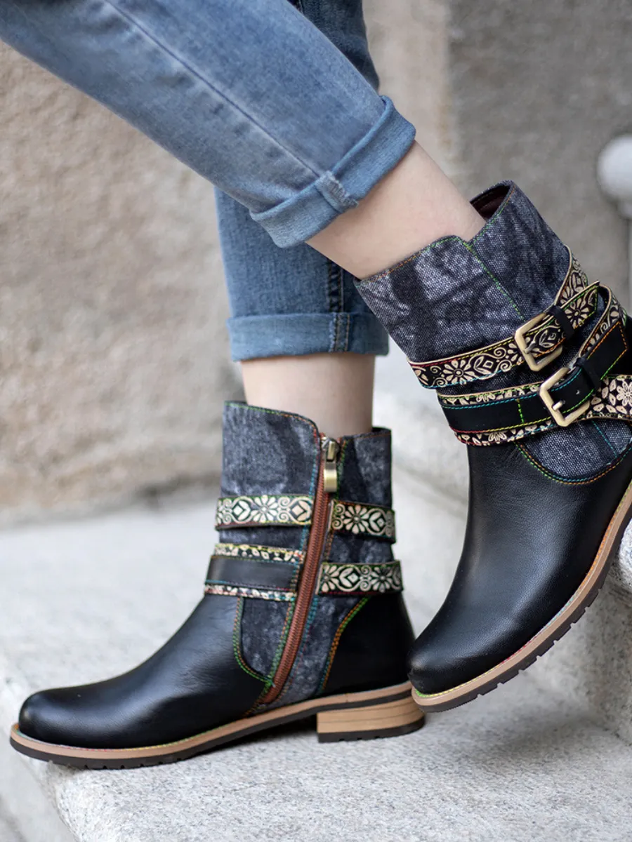 Genuine Leather Gold Floral Embossed Strap  Moto Boots