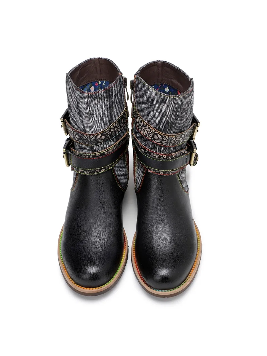 Genuine Leather Gold Floral Embossed Strap  Moto Boots