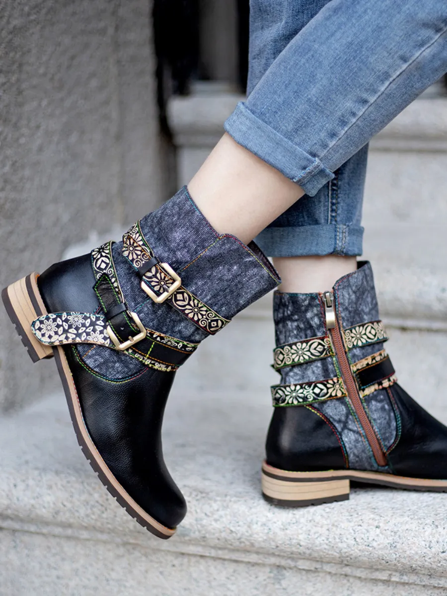 Genuine Leather Gold Floral Embossed Strap  Moto Boots