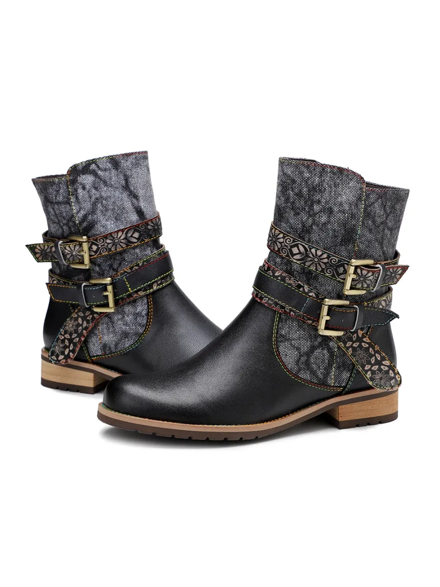 Genuine Leather Gold Floral Embossed Strap  Moto Boots