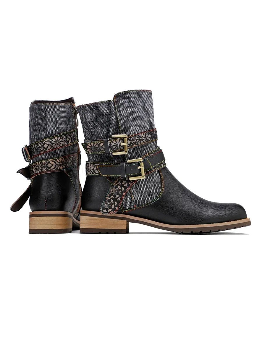 Genuine Leather Gold Floral Embossed Strap  Moto Boots
