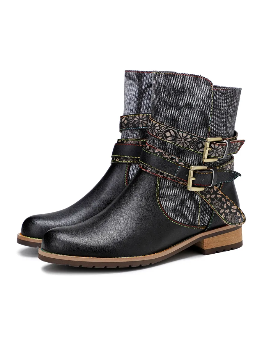 Genuine Leather Gold Floral Embossed Strap  Moto Boots