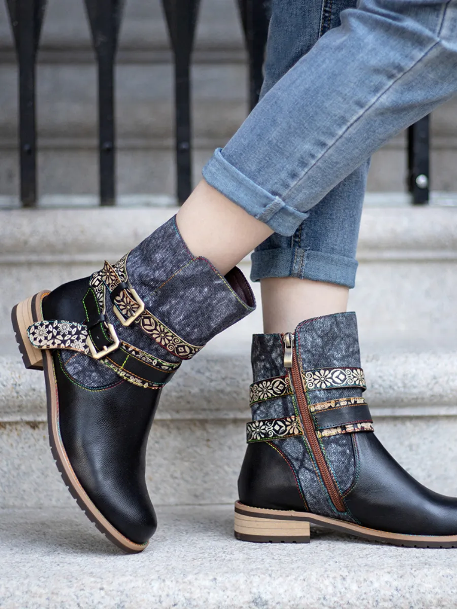 Genuine Leather Gold Floral Embossed Strap  Moto Boots
