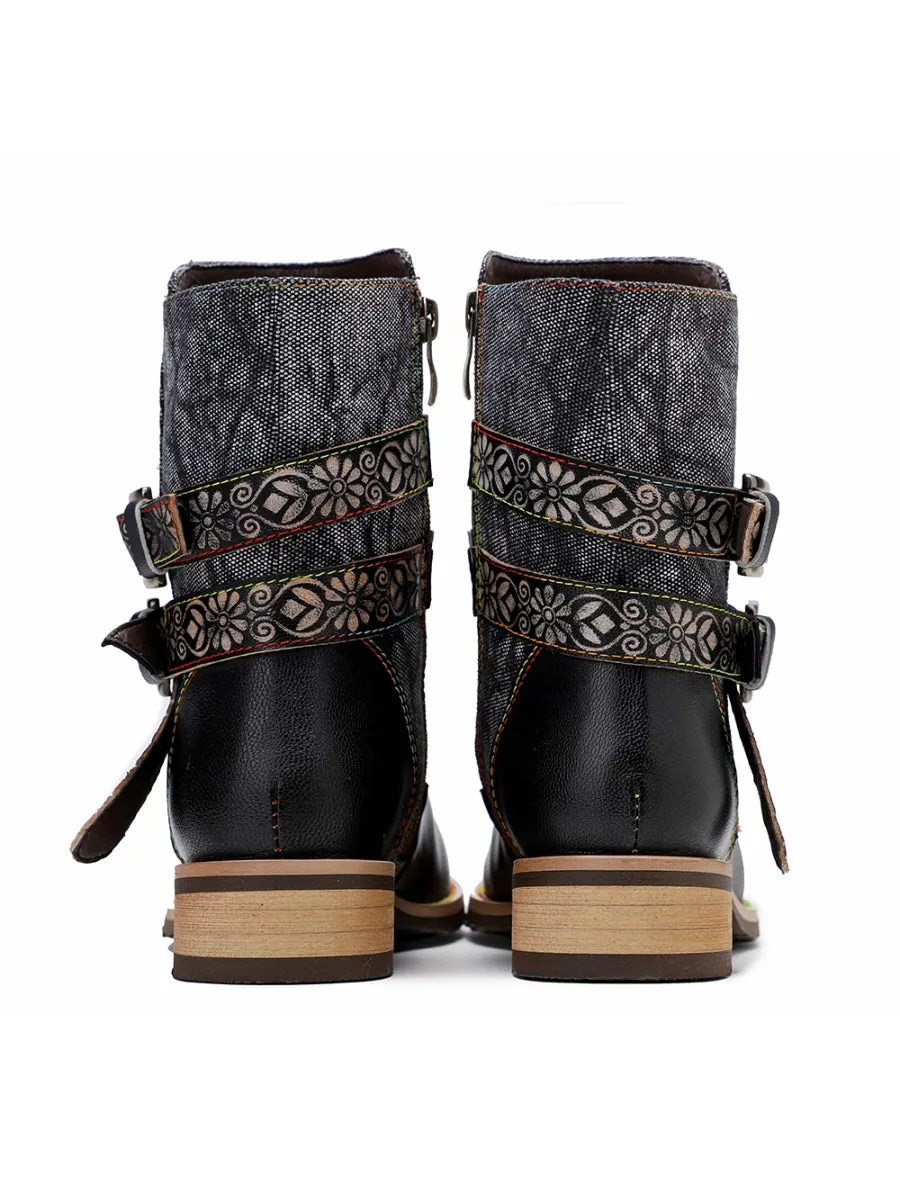 Genuine Leather Gold Floral Embossed Strap  Moto Boots