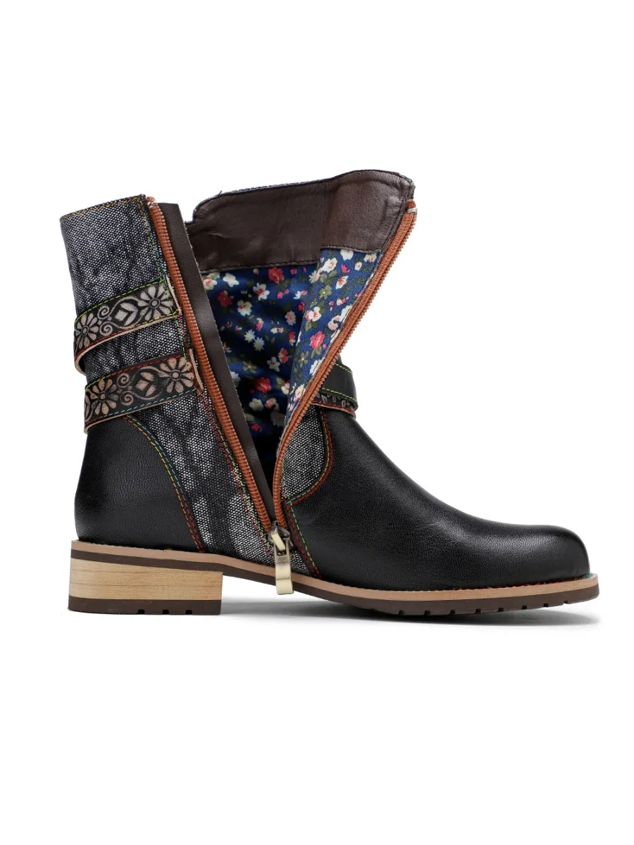 Genuine Leather Gold Floral Embossed Strap  Moto Boots