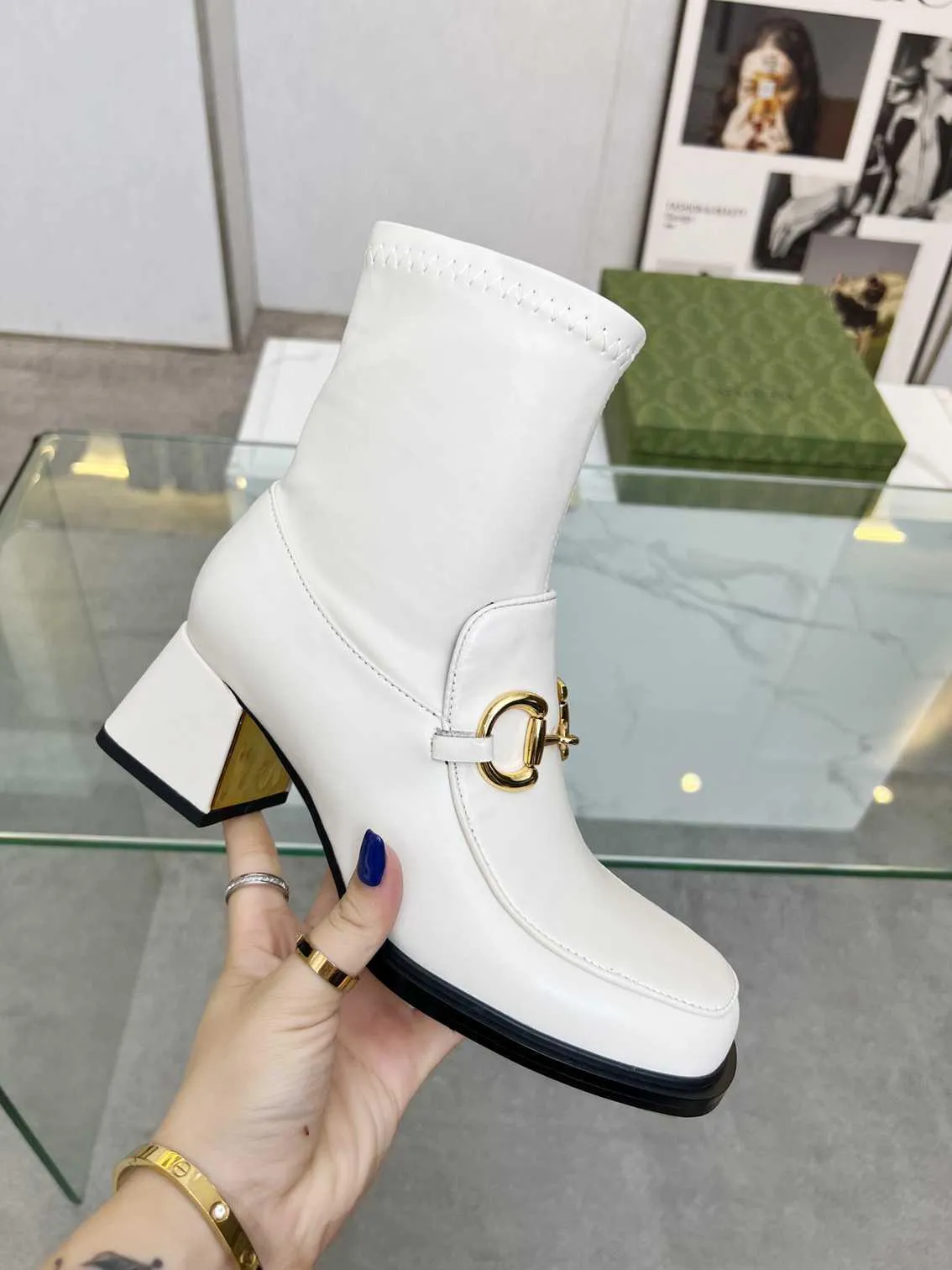 GG HORSEBIT PLAQUE ANKLE BOOTS OFF WHITE