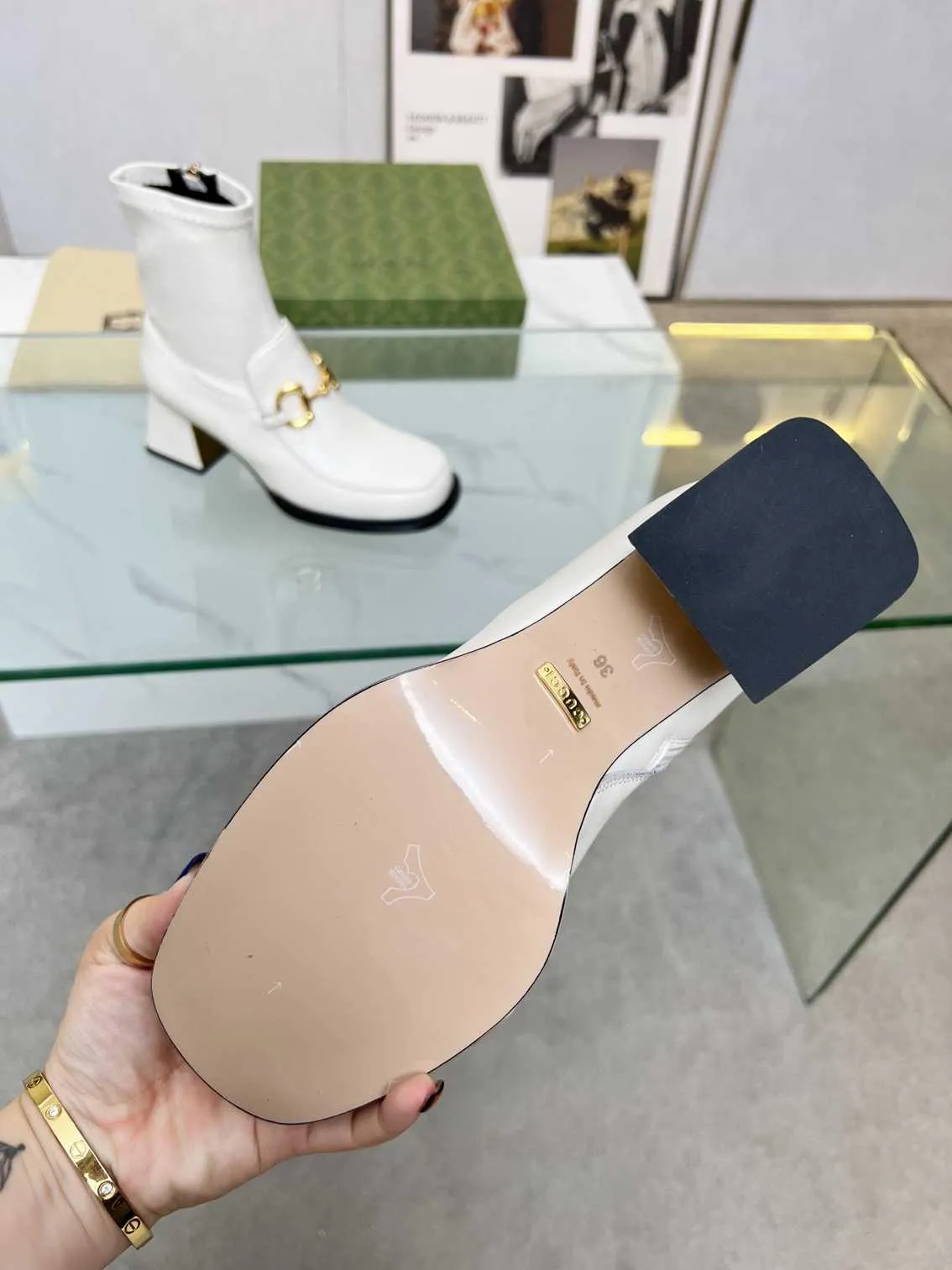 GG HORSEBIT PLAQUE ANKLE BOOTS OFF WHITE