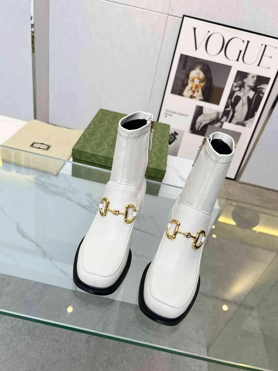 GG HORSEBIT PLAQUE ANKLE BOOTS OFF WHITE