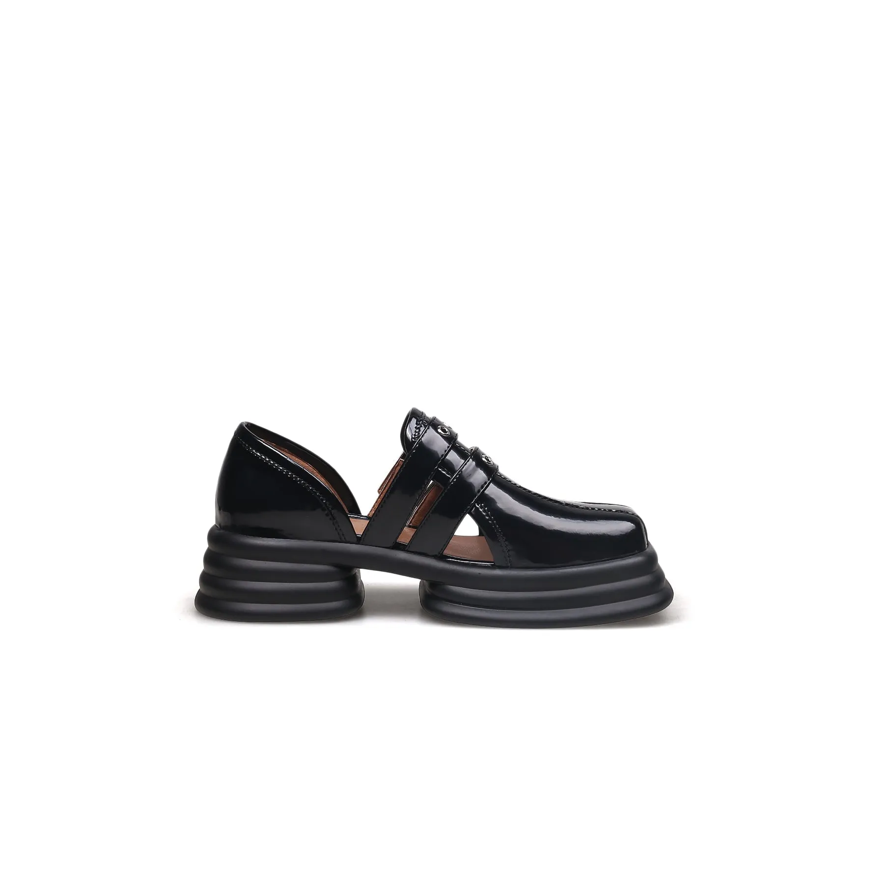 Glossy Leather Cut-Out Loafer Black