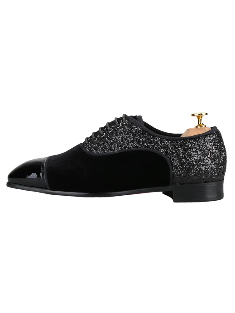 Handmade velvet patent leather sequin cloth three-material splicing men's lace-up Oxford shoes red sole formal shoes for men