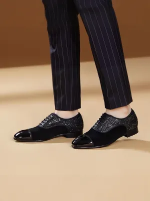 Handmade velvet patent leather sequin cloth three-material splicing men's lace-up Oxford shoes red sole formal shoes for men