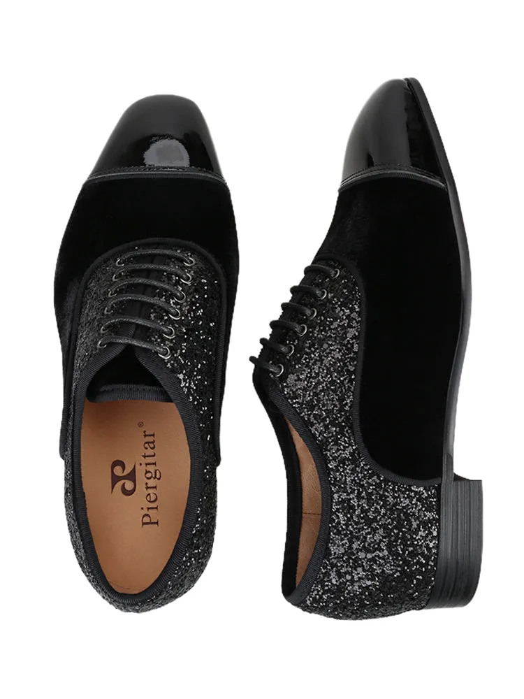 Handmade velvet patent leather sequin cloth three-material splicing men's lace-up Oxford shoes red sole formal shoes for men