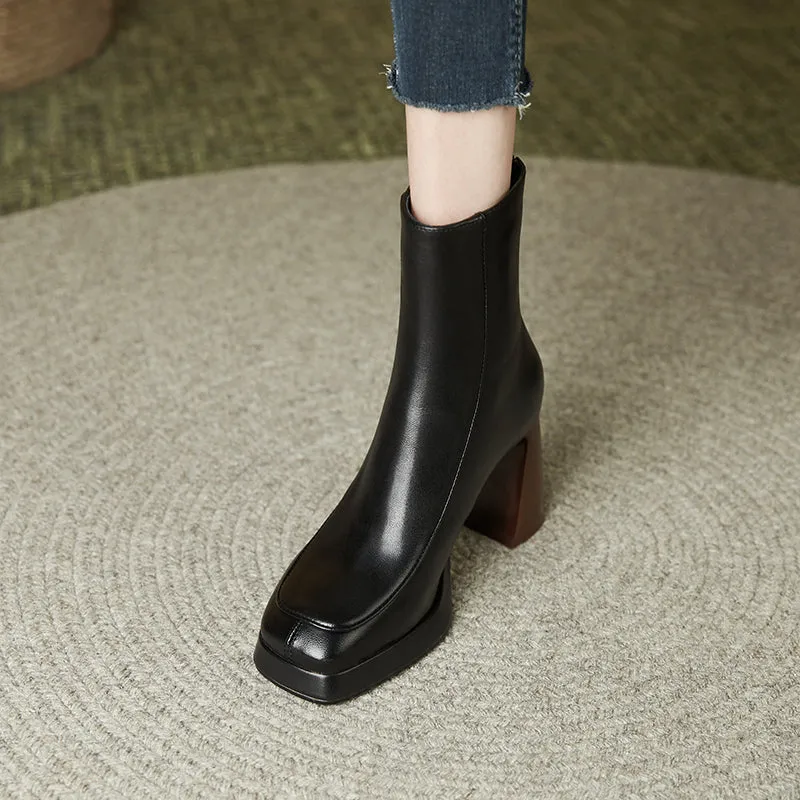 Hayat Square Toe Leather Boots Black