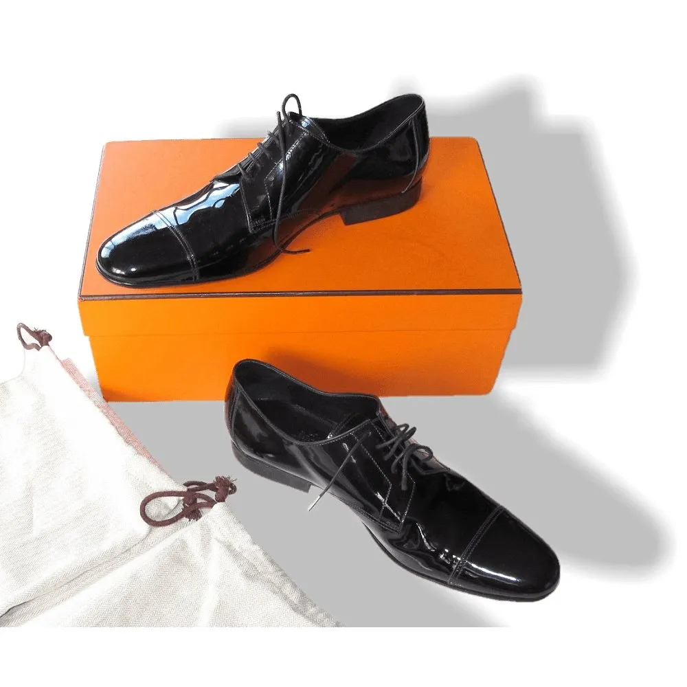 Hermes Black Patent Leather Coktail Party Wedding Men Shoes NIB!