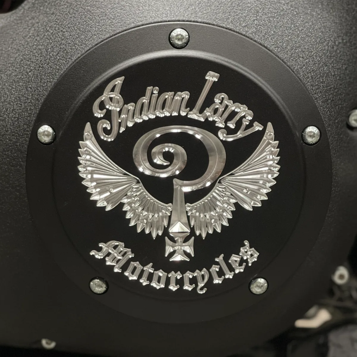 Indian Larry Logo Twin Cam Derby Cover - Matte Black   Aluminum