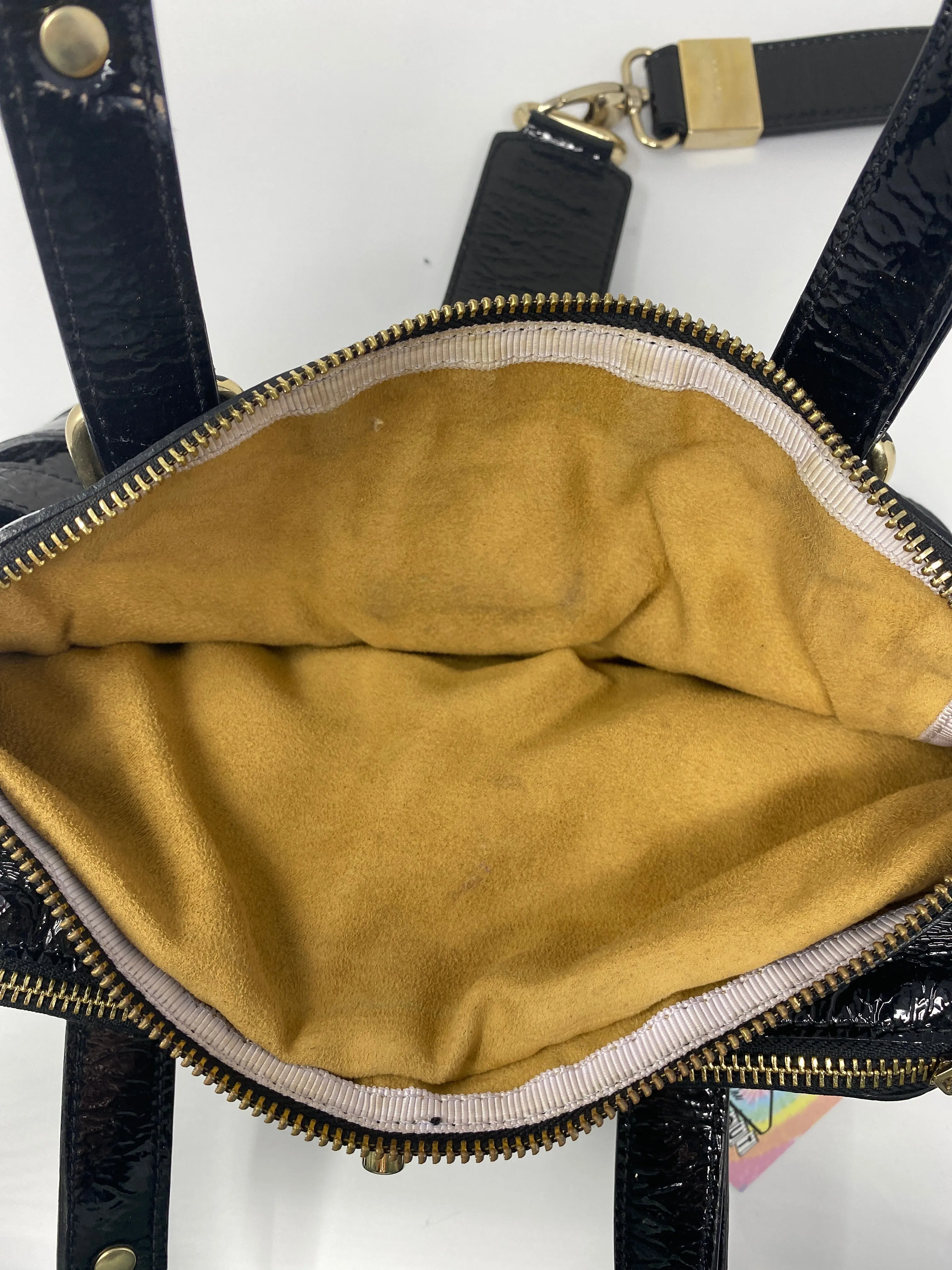 Jimmy Choo Black Patent Leather Top Handle Bag with Gold Hardware