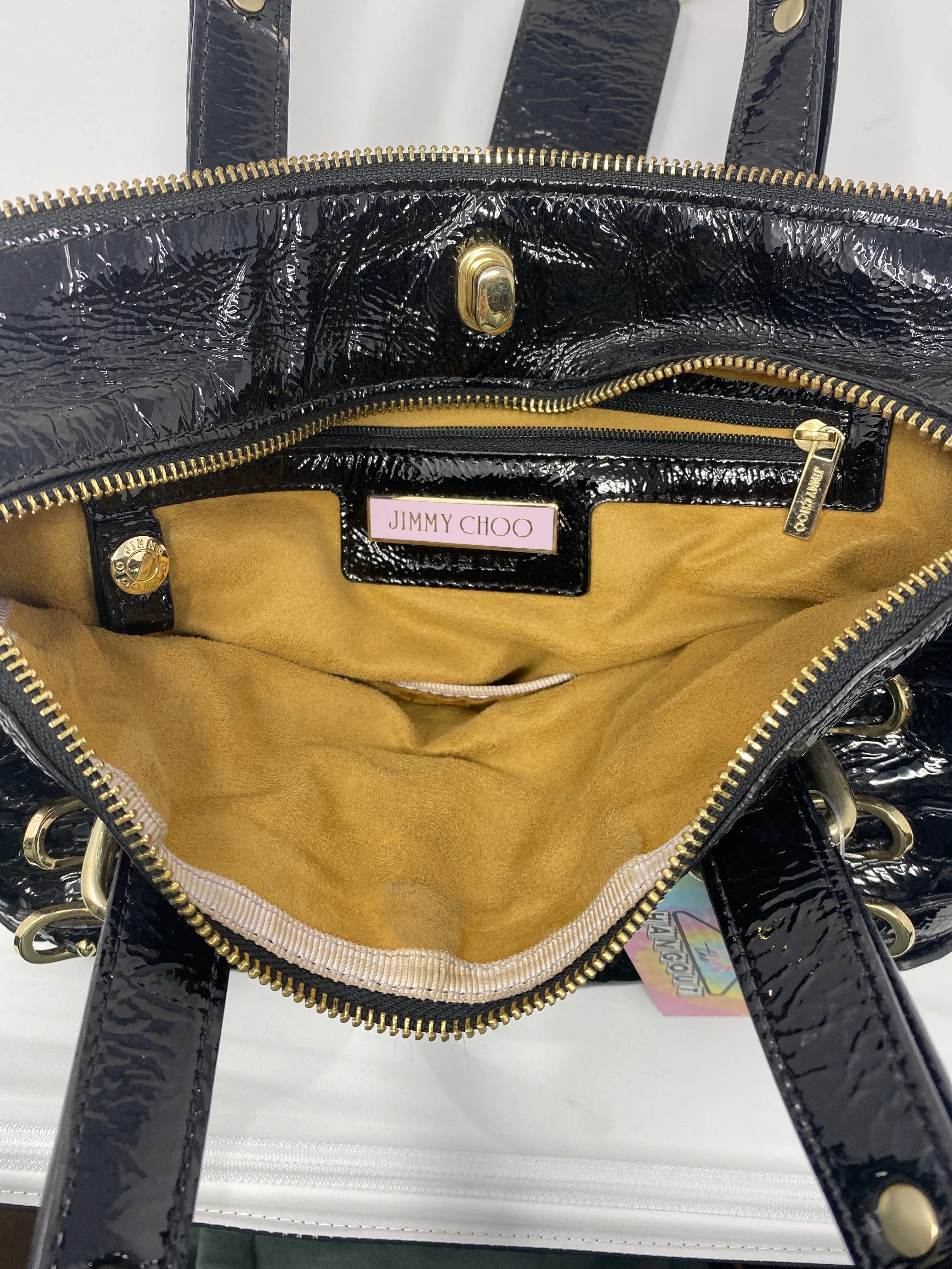 Jimmy Choo Black Patent Leather Top Handle Bag with Gold Hardware
