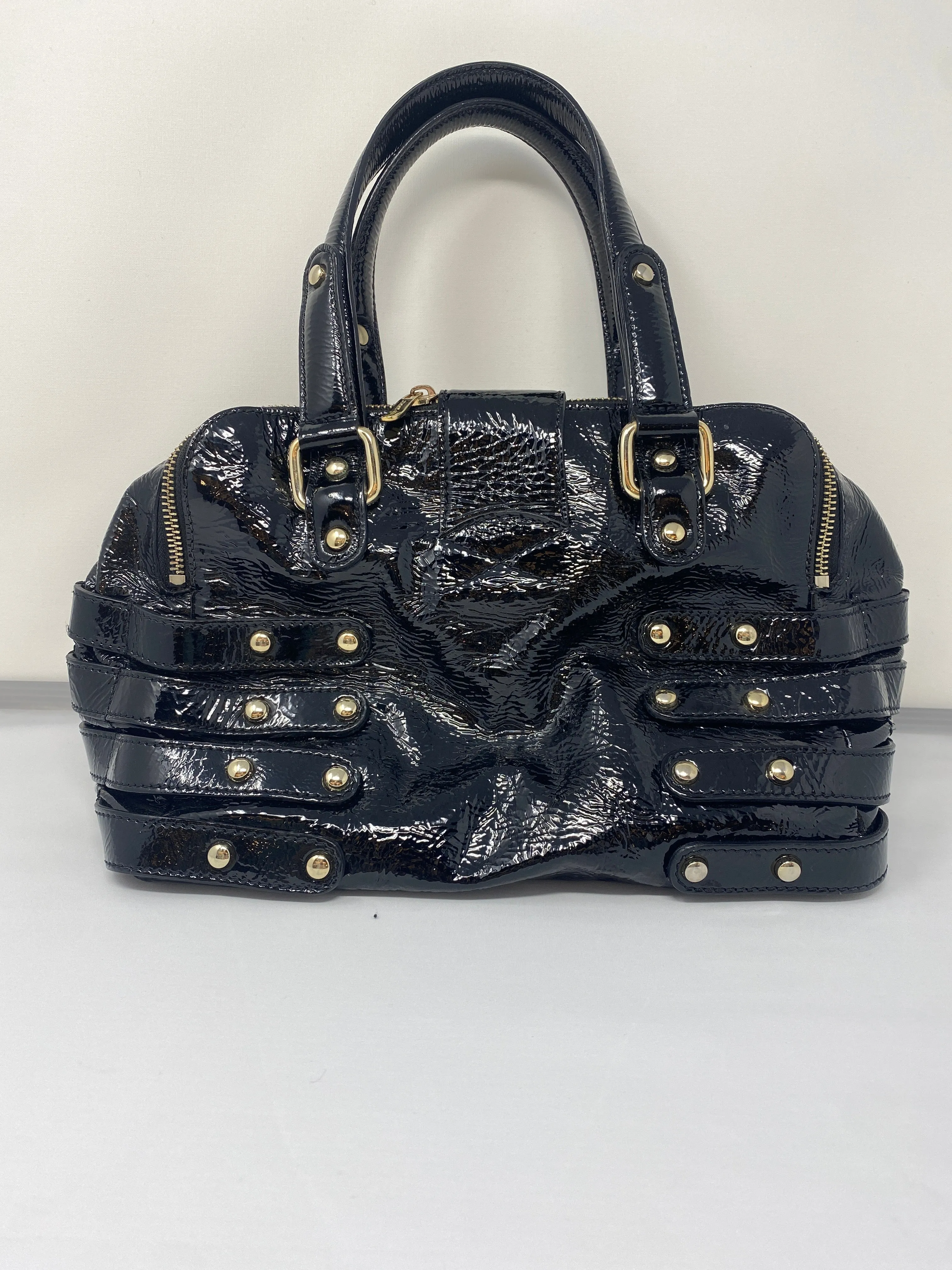 Jimmy Choo Black Patent Leather Top Handle Bag with Gold Hardware