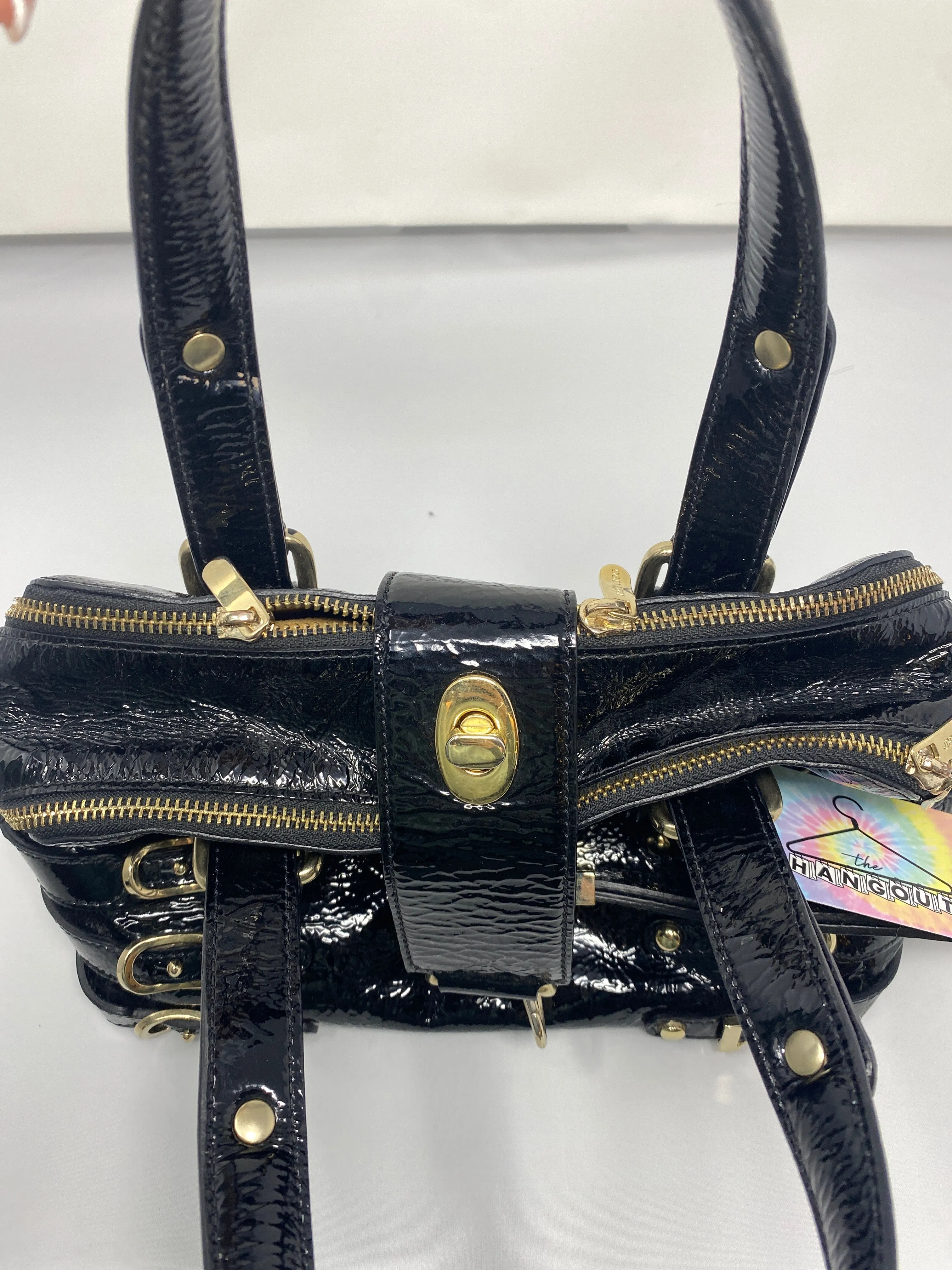 Jimmy Choo Black Patent Leather Top Handle Bag with Gold Hardware