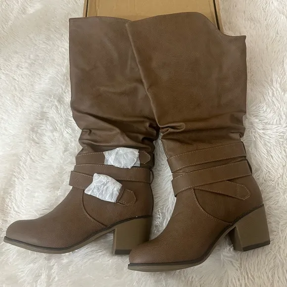 Journee Collection Late Stacked Heel Mid Calf Boots In Taupe