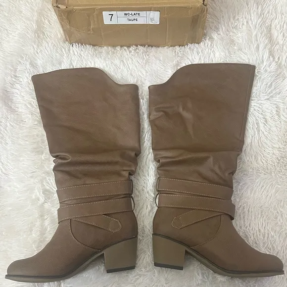 Journee Collection Late Stacked Heel Mid Calf Boots In Taupe