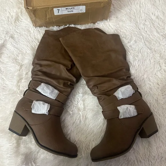 Journee Collection Late Stacked Heel Mid Calf Boots In Taupe