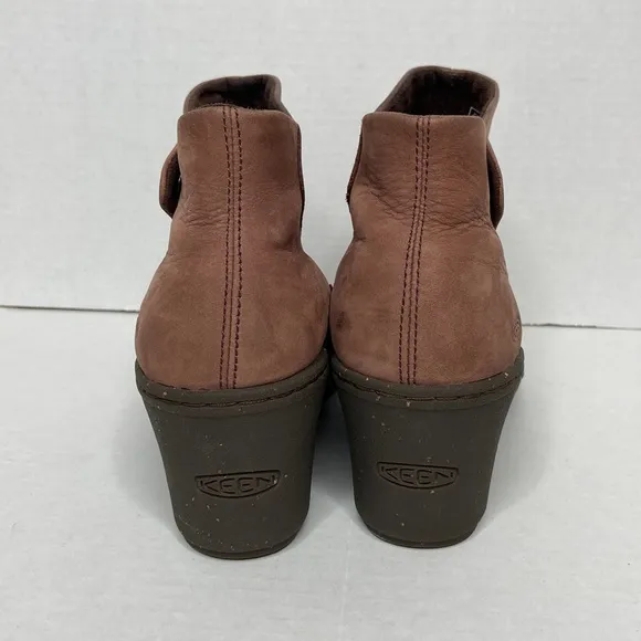 Keen Akita Brown Leather Wedge Heel Ankle Booties with Snap Closure