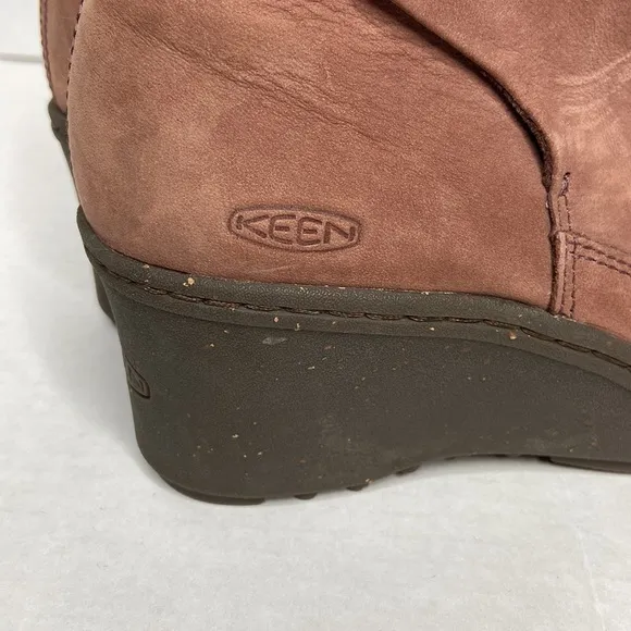 Keen Akita Brown Leather Wedge Heel Ankle Booties with Snap Closure