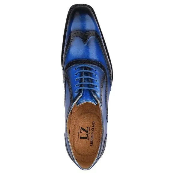 LIBERTYZENO Mens Blue Leather Oxford Style Dress Shoes