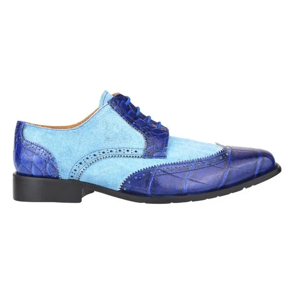 LIBERTYZENO Mens Royal Blue Genuine Leather Croco/Suede Printed Oxford Dre…