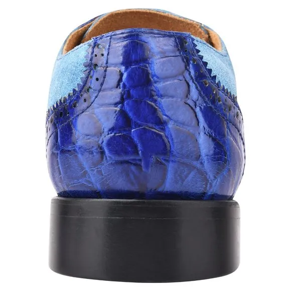 LIBERTYZENO Mens Royal Blue Genuine Leather Croco/Suede Printed Oxford Dre…
