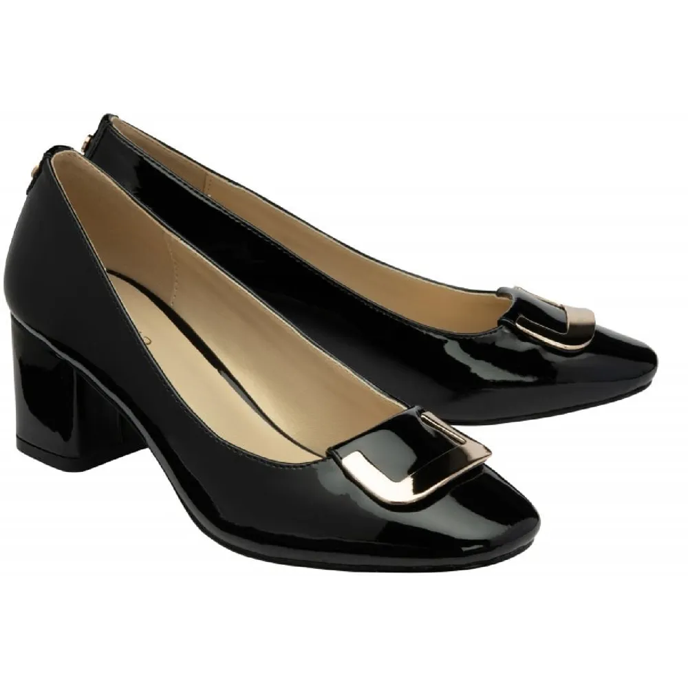 Lotus Aubrey Black Patent Block-Heel Court Shoes