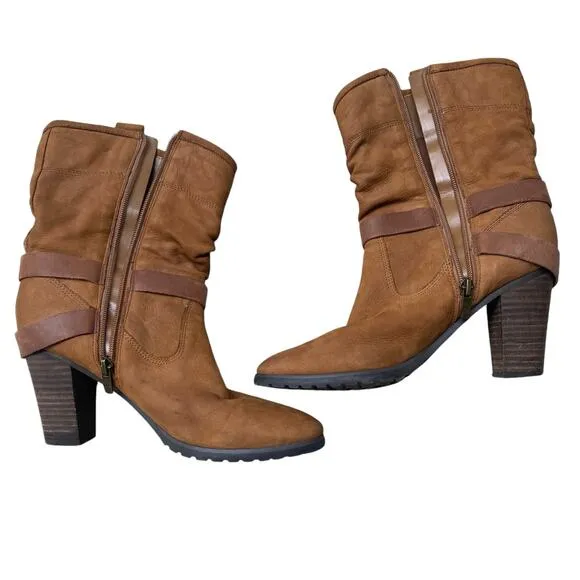 Marc Fisher Famous Brown Leather Slouch Boots 9 Block Heel Western Boho Cowgirl