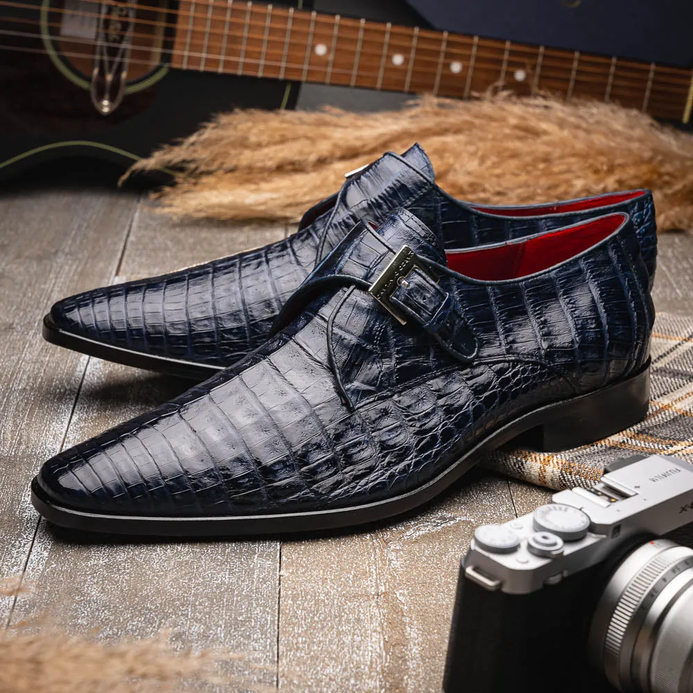 Marco Di Milano Rovigo in Navy Caiman Crocodile Monk Strap Dress Shoes